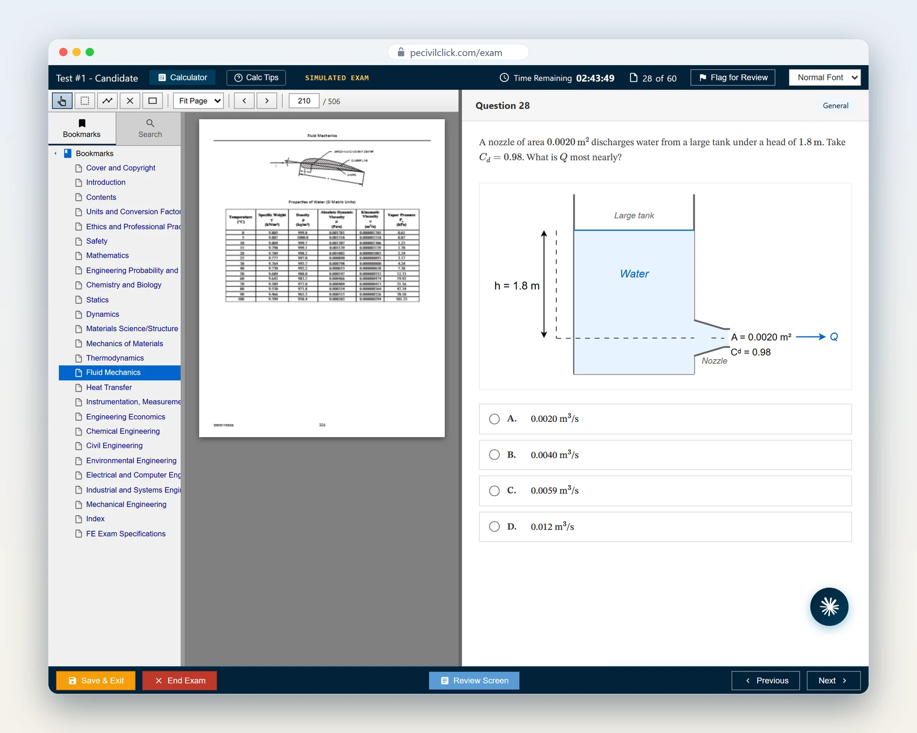 The FEExamClick exam simulator: a question with its figure on the right, the FE Reference Handbook open on the left and the countdown running.