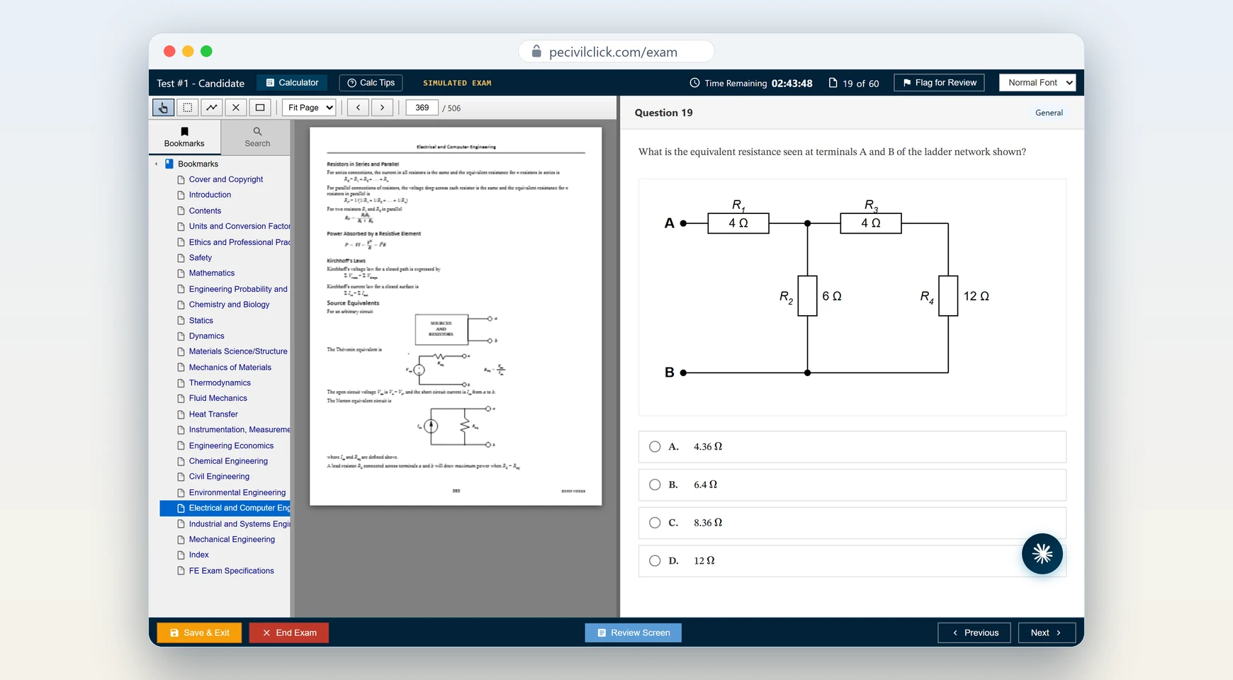 The FEExamClick exam simulator on an FE Electrical question: a circuit on the right, the FE Reference Handbook open on the left and the countdown running.
