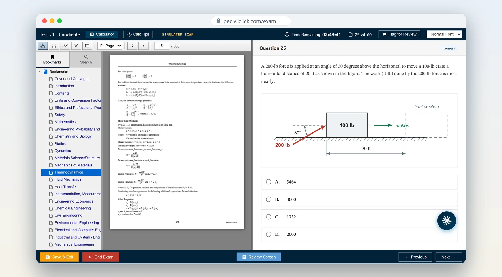 The FEExamClick exam simulator on an FE Mechanical question: its figure on the right, the FE Reference Handbook open on the left and the countdown running.