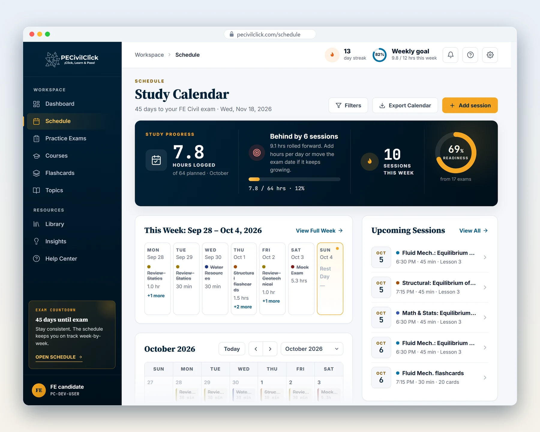 The Study Calendar: hours logged, sessions this week and the study sessions planned for each day.